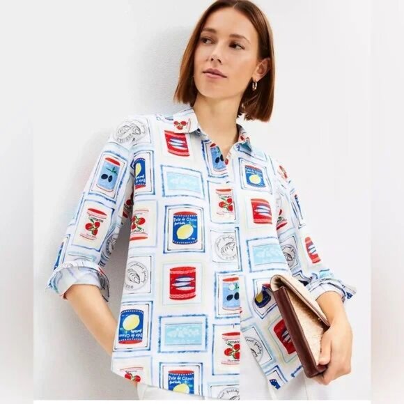 LOFT Can Print Linen Blend Relaxed Button Down Shirt Size Small - Picture 3 of 15